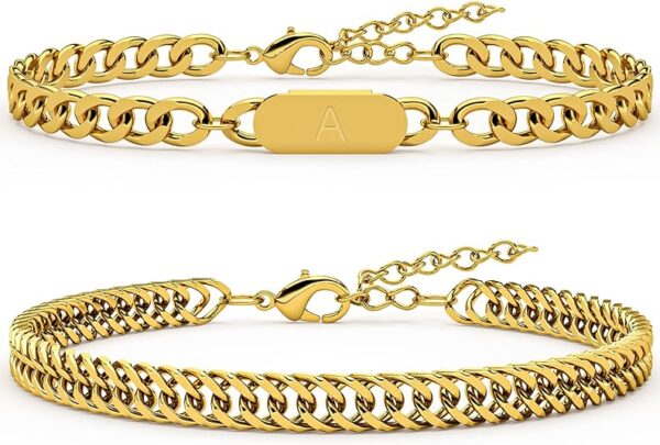 2PCS Initial Letter Cuban Bracelet, A-Z Letter Pendant Stainless Steel Gold Cuban Link Chain for Women Jewelry Set for H G